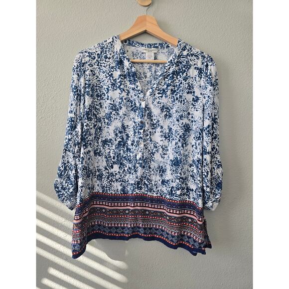Rebecca Malone Petite Boho Blouse Blue White Border Print Rayon Top Size PXL - Picture 2 of 8